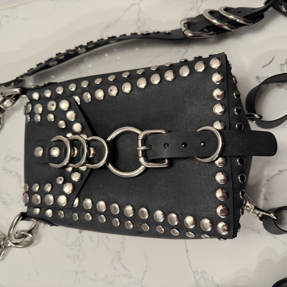 Studded Black Leather Crossbody Bag - Picture 3 of 8
